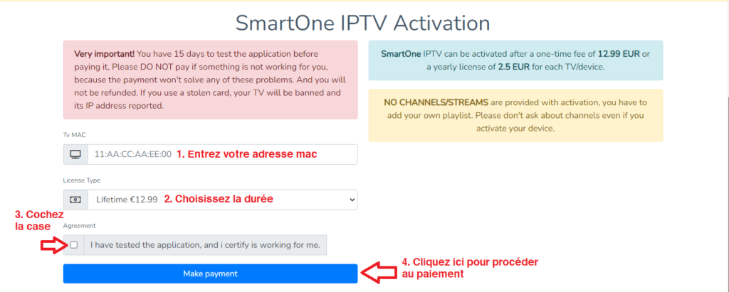 page d'activation de la licence smartone